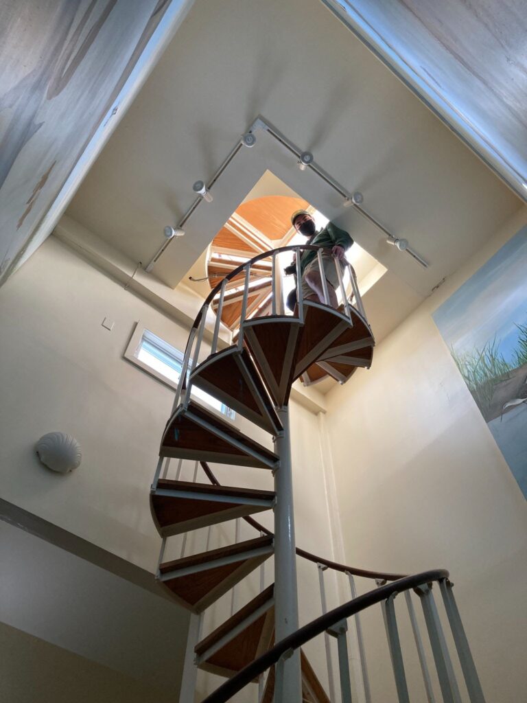 The spiral staircase heads up to the observation tower.