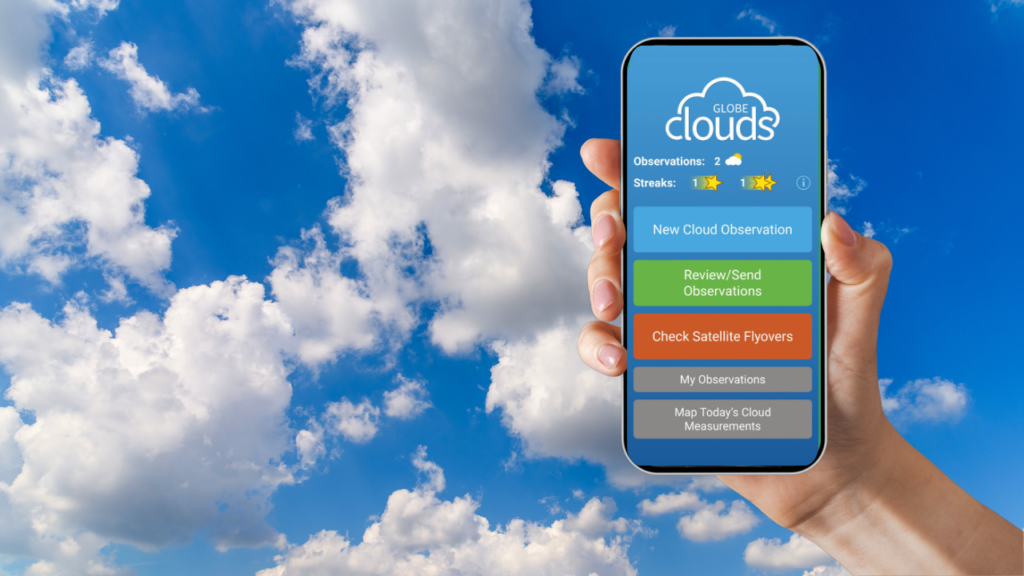 Hand holding a smartphone with the Globe Observer Clouds app on display